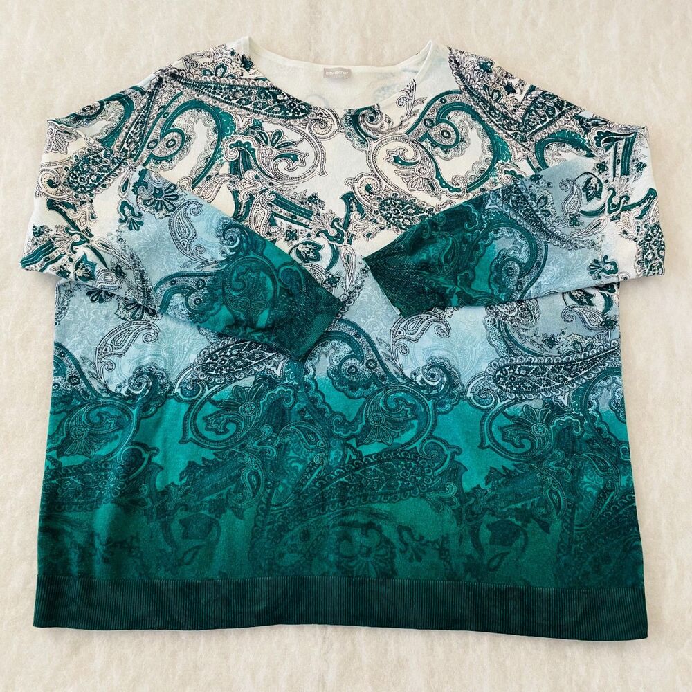 Chico's Womens White Blue Ombre Paisley Knit Pullover Sweater Sz 4, XXL